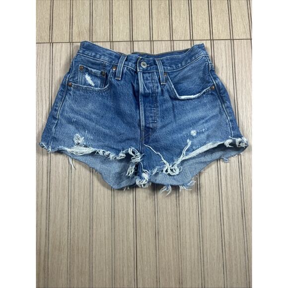 LEVI'S 501 High Rise Shorts Womens Size 24 Cutoff Denim Blue Distressed Cotton - Picture 1 of 16